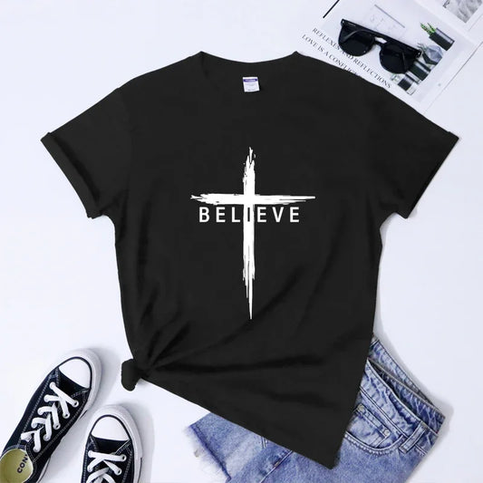Believe Christian Cross T-shirt Scripture Unisex