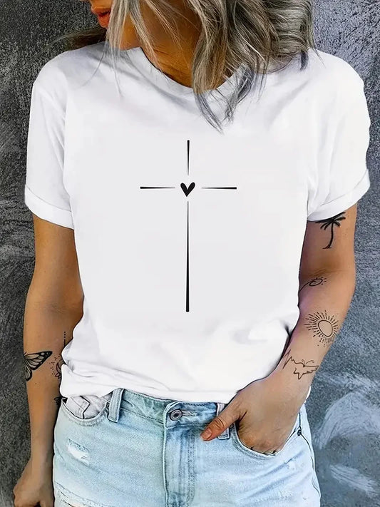 Cross Graphic Print Crew Neck T-shirt, Women's Clothing